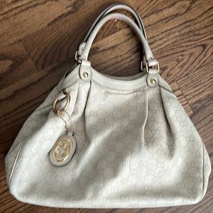 Authentic GUCCI Sukey Guccissima Shoulder Hand Bag GG Leather Off White